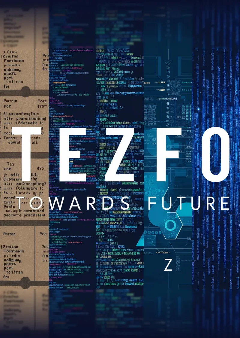 Tezfo, Towards Future: the Tezfo wordmark over layers of code